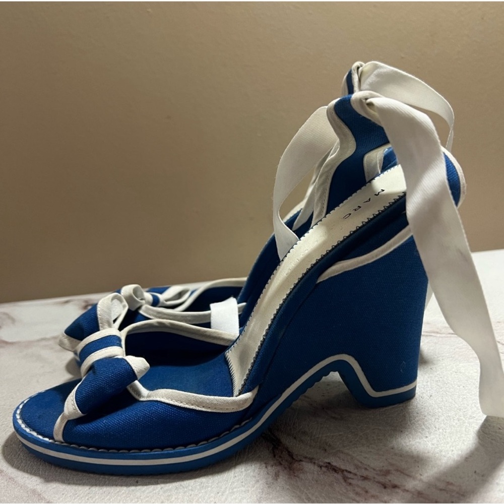MARC JACOB Blue White High Heels Ankle Strap 8.5 Wedding Evening Bow Tie
